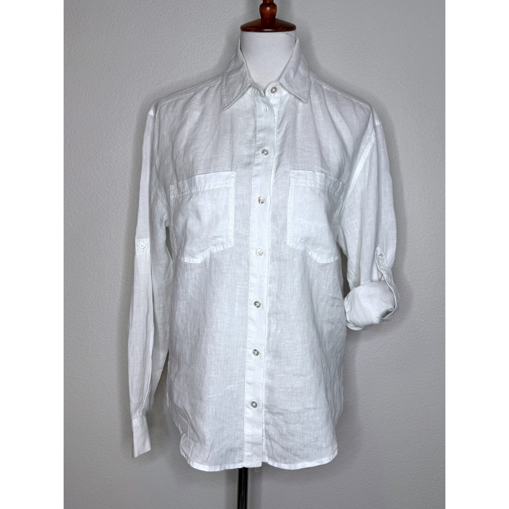 VERONICA BEARD Gil Linen Button Up Shirt S Off-White Roll Tab Sleeves Minimalist